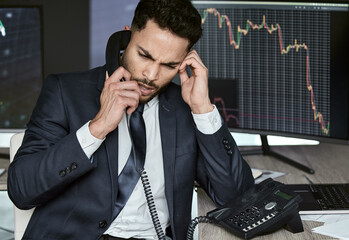 Poster - Stress, stock market crash and business man with phone call for investment mistake, error or falling graph in office. Computer screen, anxiety and trader for financial crisis, talking or statistics