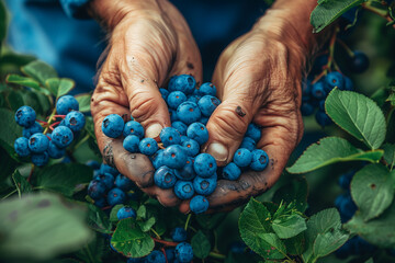 Close-up of hands picking blueberries from a bush