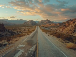 Poster - A long road with mountains in the background. The road is empty and the sky is cloudy