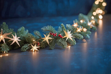 Wall Mural - Beautiful String of Christmas Lights and Ornaments Lying Along Polished Blue Floor