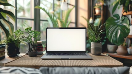 Mockup of a laptop with a blank screen on a table and various green potted plants near windows. Copy space.