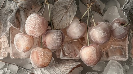 Wall Mural -   A leaf-covered tree branch sits atop a cluster of ice cubes in front of a frosted window