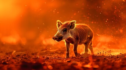 A small baby warthog snuffling in the dirt on a burnt orange background.