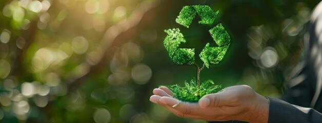 Wall Mural - close-up of a businessman holding a small tree with a recycling symbol in a green environment