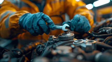 Wall Mural - Close-up of auto mechanic's hands working with a wrench on car engine in a repair shop