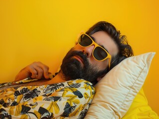 Wall Mural - A man with a beard and sunglasses is laying on a yellow pillow. He is wearing a yellow shirt with a floral pattern