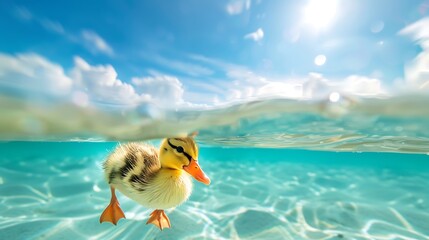 A small duckling swimming in clear water against a sky blue backdrop.