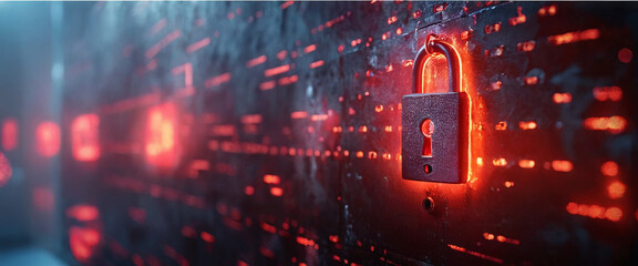 Poster - A large, metallic padlock with a red glow sits on a dark, digital wall with a background of red lights