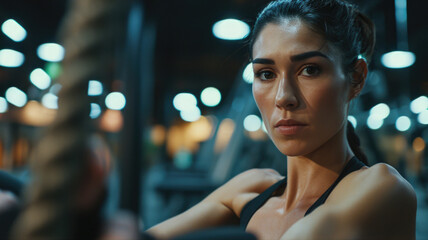 Sticker - A woman is posing for a picture in a gym. She is wearing a black tank top and has her hair in a ponytail. The lighting in the gym is dim, giving the photo a moody atmosphere