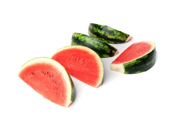 Wall Mural - Watermelon pieces isolated. Water melon wedges pile, chopped Citrullus lanatus, red wassermelone cuts group