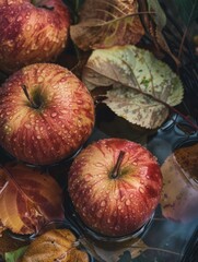 Poster - A close up of a red apple with a stem and a few leaves surrounding it. The apple is surrounded by water droplets, giving it a fresh and juicy appearance