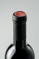 A bottle of wine with a red cap on top. The cap is red and has a design on it. The bottle is made of glass and is sitting on a white background