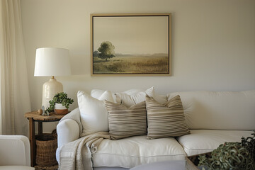 Wall Mural - A large, vintage-inspired landscape painting in muted neutral tones hangs above the sofa in an elegant farmhouse living room. The soft beige walls and white linen couch create a cozy atmosphere.