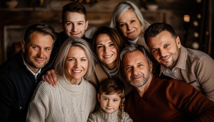 Multigenerational family portrait in a cozy living room