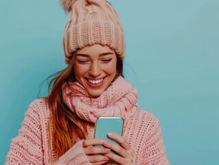 Wall Mural - A woman wearing a pink sweater and a hat is smiling while holding a cell phone. She is happy and enjoying herself