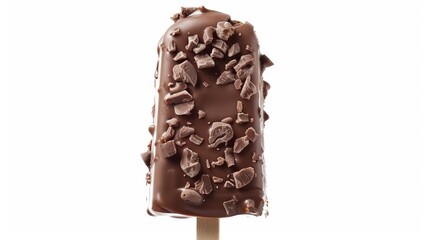 Poster - Close-up photo of a chocolate ice cream bar on a stick covered in nut pieces. Perfect for advertising, cooking blogs, menu designs and culinary magazines. High-quality food image. AI