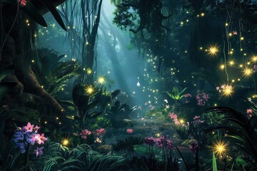 Wall Mural - a forest with fireflies