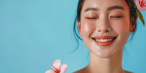 Wall Mural - A woman with a flowery headband is smiling and looking at the camera. Concept of happiness and positivity