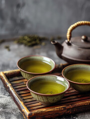 Green oolong tea in teapot and chawan bowls or green cups close up on wooden tray with teapot
