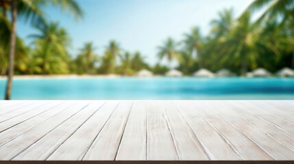 Wall Mural - Empty wooden tabletop providing space for product placement against idyllic tropical beach scene