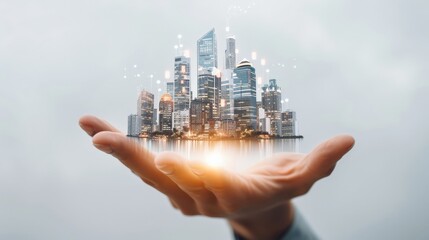 Poster - A hand holding a city in its palm. The city is illuminated with lights, giving it a futuristic and modern feel. Concept of awe and wonder at the possibilities of urban development and technology