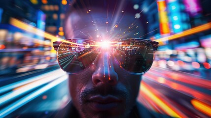 Poster - A man wearing sunglasses is looking at the camera. The image is blurry and has a futuristic feel to it