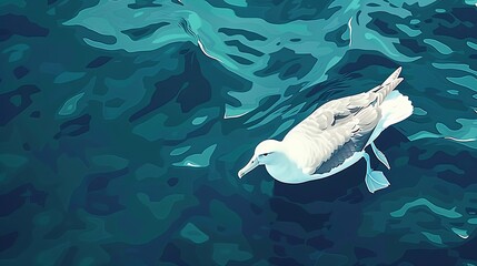 A tiny baby albatross gliding over the water on a deep blue background.