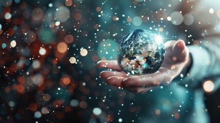 Poster - A person is holding a globe in their hand. The globe is surrounded by a blurry background, giving the impression of a dreamy, ethereal atmosphere. Concept of wonder and curiosity about the world