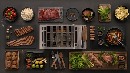 Wall Mural - A black tray filled with grilled steak, vegetables, and other ingredients, including cherry tomatoes, corn, and mushrooms