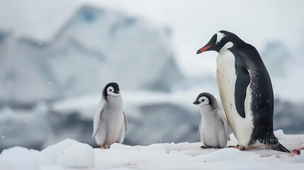 Wall Mural - an adult penguin and a juvenile penguin standing on a snowy surface. The adult penguin appears to be watching over the younger one