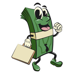 Wall Mural - character of a bundle of cash money cartoon vector isolated clip art mascot illustration wearing a tie and carrying a suitcase rushing to the office, work of hand drawn