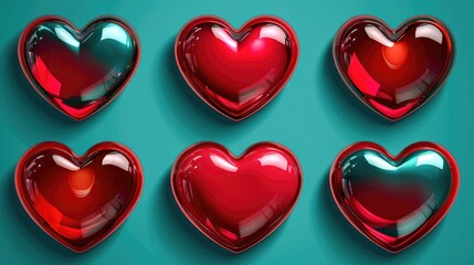 Wall Mural - A set of six hearts are shown in different colors, with one being green. Concept of love and affection