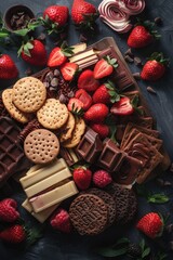 Poster - A tray of cookies and strawberries is displayed on a table. The tray is filled with various types of cookies and strawberries, including chocolate chip cookies, oatmeal cookies