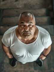 Wall Mural - A man with a bald head and a white shirt is standing on a staircase. He looks angry and is staring at the camera