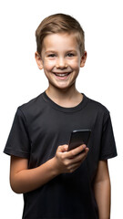 Happy Young Boy Using Smartphone Against Transparent Background