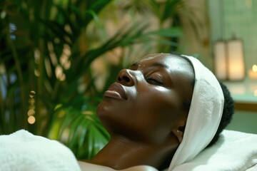 Wall Mural - A woman is laying down with a white towel on her head. She is wearing a white headband