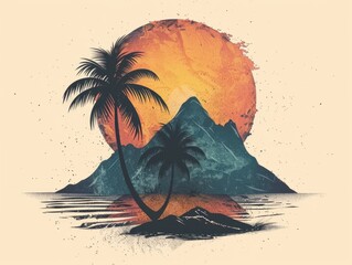 Wall Mural - A painting of a tropical island with a mountain in the background and a palm tree in the foreground
