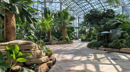 Wall Mural - Tropical Greenhouse with Palm Trees and Stone Pathways