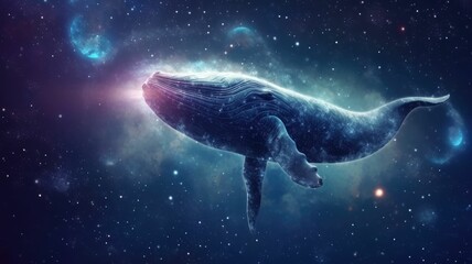 Wall Mural - Surreal art design of a whale floating in space with a cosmic background and starry sky. Digital art of whale swimming in the space with gradient watercolor and glowing star in the night sky. AIG35.