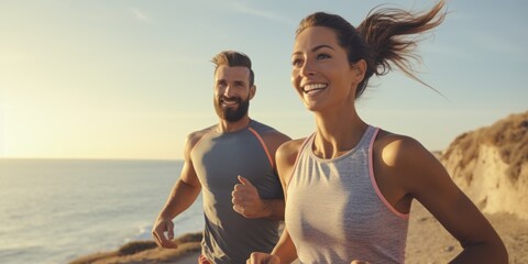 Poster - A man and woman are running on a beach. The man is smiling and the woman is smiling as well. Scene is happy and energetic