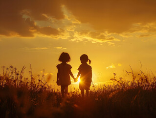 Happy Children's silhouettes at sunset, Happy family, Children jumping at sunset, Child care and mental protection, joyful and healthy children