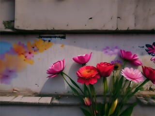 Wall Mural - A bunch of flowers on a graffiti-covered wall in an urban setting, contrasting natural beauty with the harshness of the city