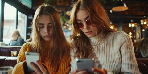 Poster - Two women sitting at a table, both looking at their cell phones. Scene is casual and relaxed, as the women are enjoying their time together while using their devices