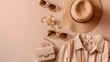 © Farid - Fashion women stylish accessories outfit glamour set on flat lay beige pastel vertical background table with copy mock up space, female clothing shopping sale concept, top view overhead close up.