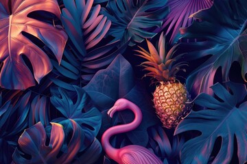 Wall Mural - A pink flamingo is standing in front of a pineapple in a lush green jungle. The image has a vibrant and tropical feel to it, with the bright colors of the flamingo