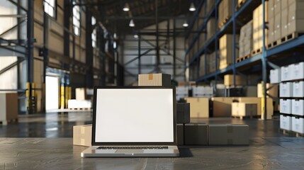 Online ecommerce store mockup, dropshipping business website concept. Table with laptop computer mock up blank white screen and shipping boxes, retail marketplace, warehouse delivery background. 