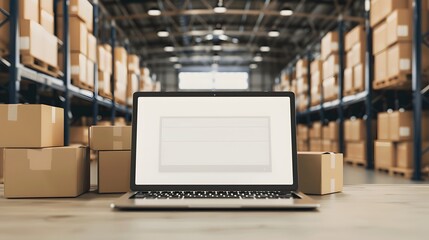 Online ecommerce store mockup, dropshipping business website concept. Table with laptop computer mock up blank white screen and shipping boxes, retail marketplace, warehouse delivery background. 