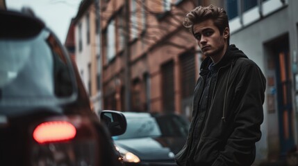 Wall Mural - A man in a black jacket stands in front of a car. The car is parked on the side of the road, and the man is looking at the camera. The scene is set in a city, with buildings in the background