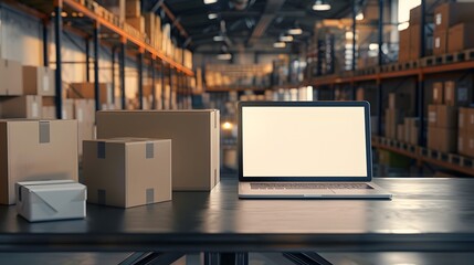Online ecommerce store mockup, dropshipping business website concept. Table with laptop computer mock up blank white screen and shipping boxes, retail marketplace, warehouse delivery background. 