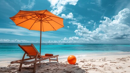 Sticker - Beach parasol with chair on summer background.